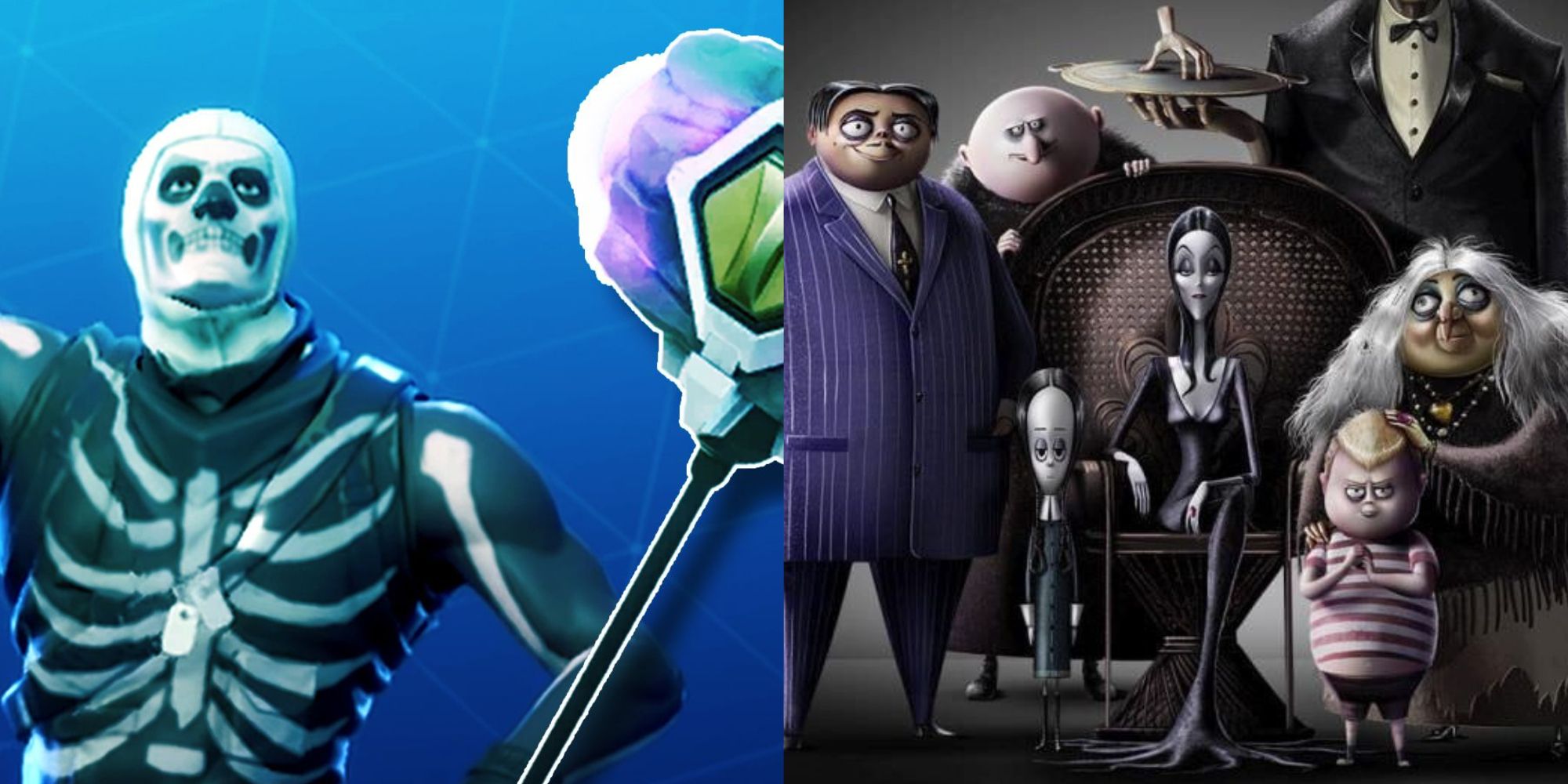 Fortnite-Skeletthaut und Schockwellenhammer neben dem Addams Family Movie 