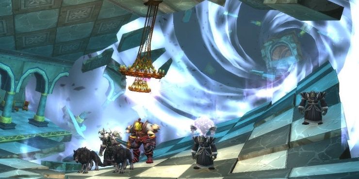 Mehrere NPCs stehen in einem verzerrten Flur im Videospiel World of Warcraft