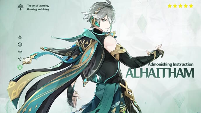 Genshin Impact Alhaitham Build: Ein Anime-Mann mit kurzen silbernen Haaren, der eine schwarze Tunika mit grünem Umhang trägt, steht mit ausgestrecktem Arm und geballter Faust in einer dramatischen Pose.