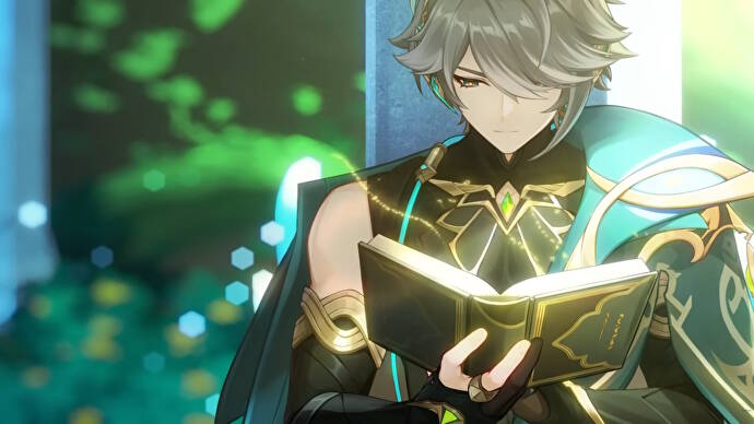 Genshin Impact Alhaitham Build: Ein Anime-Mann mit kurzen silbernen Haaren, der eine schwarze Tunika mit einem grünen Umhang trägt, hält ein Buch und trägt einen nachdenklichen Ausdruck. Die Seiten des Buches leuchten schwach