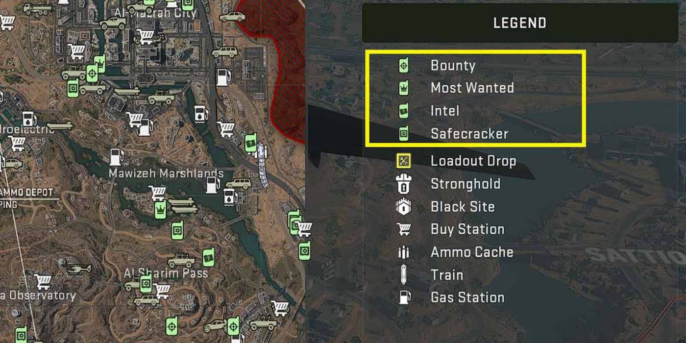 Legende des Call of Duty Warzone 2 Contracts-Menüs mit hervorgehobenen Bounty-, Most Wanted-, Intel- und Safecracker-Symbolen
