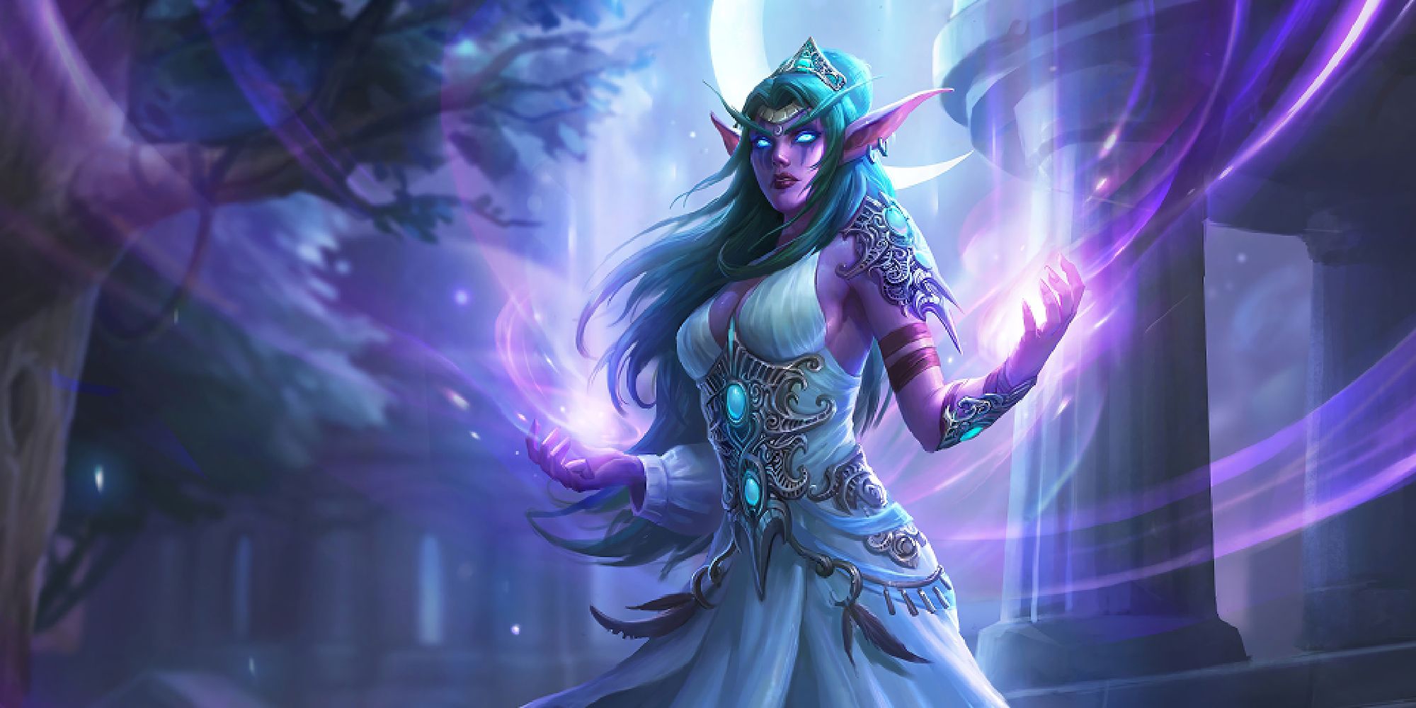 Tyrande Whisperwind aus WoW mit ätherischem Hintergrund