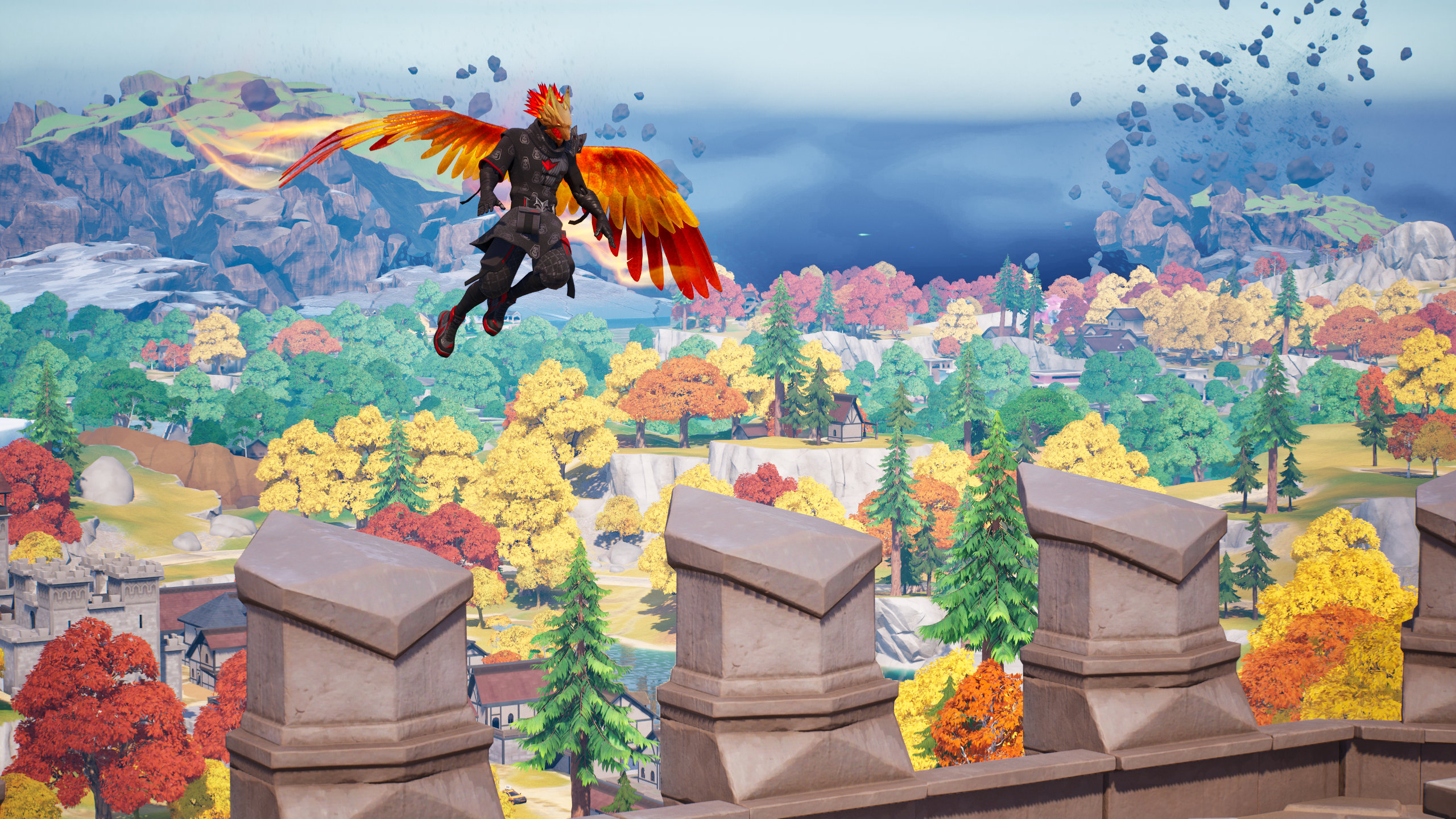 Vierzehn Tage Fortnite-Charakter, der auf Burgmauern hinuntergleitet