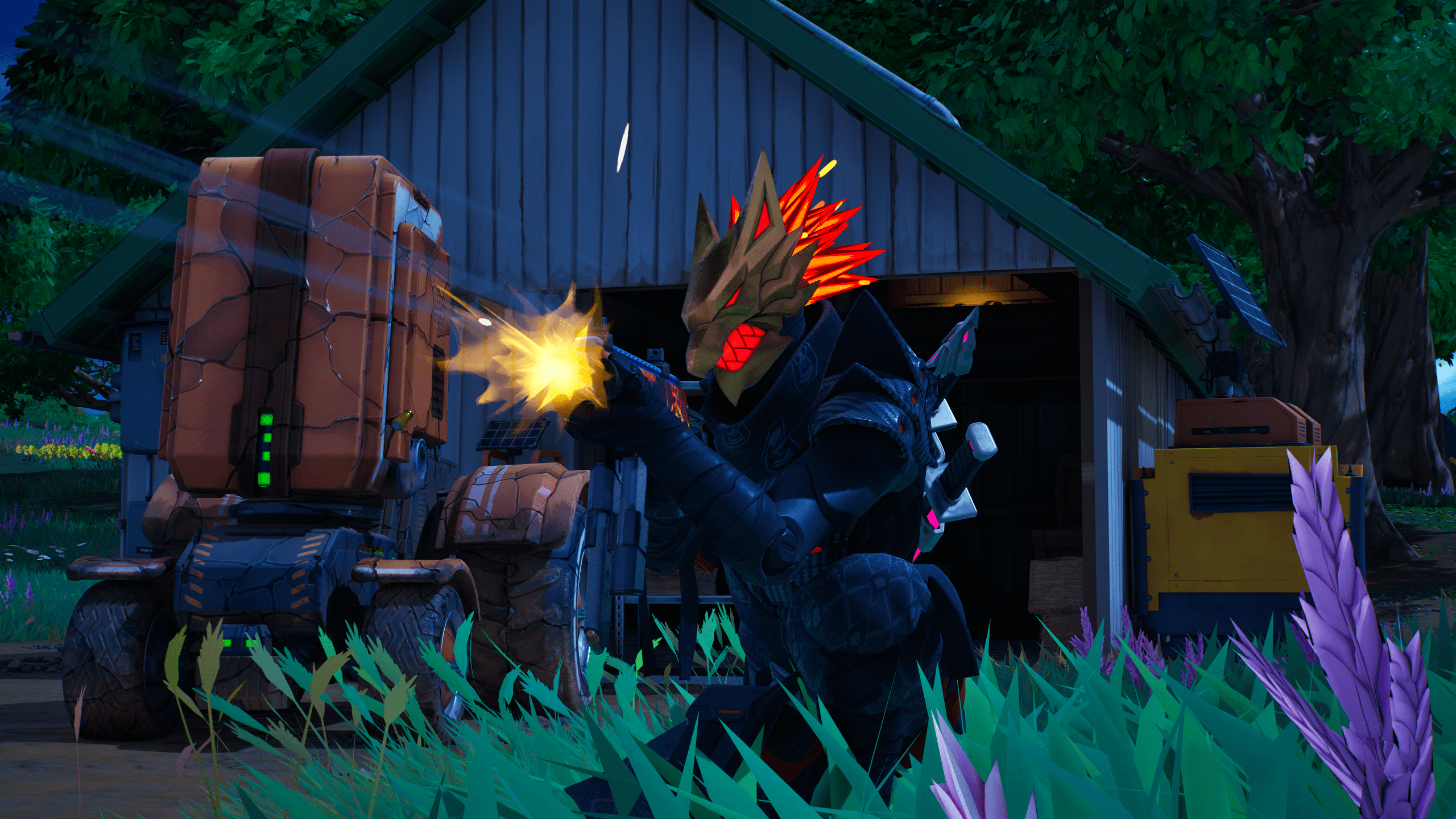 Vierzehn Tage Der Fortnite-Charakter ging in die Hocke und schoss mit einer Waffe