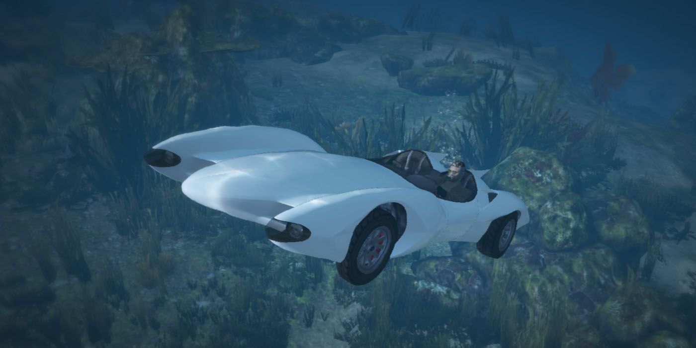 GTA Online Scramjet Car fliegt unter Wasser mit felsigem Terrain im Hintergrund