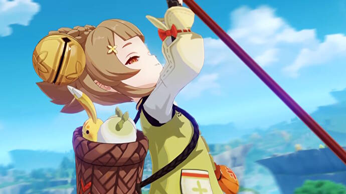 Genshin Impact Yaoyao Build: Ein Anime-Mädchen mit einer hellgrünen Weste und braunen Haaren in Zöpfen hält ein Plus-Kaninchen