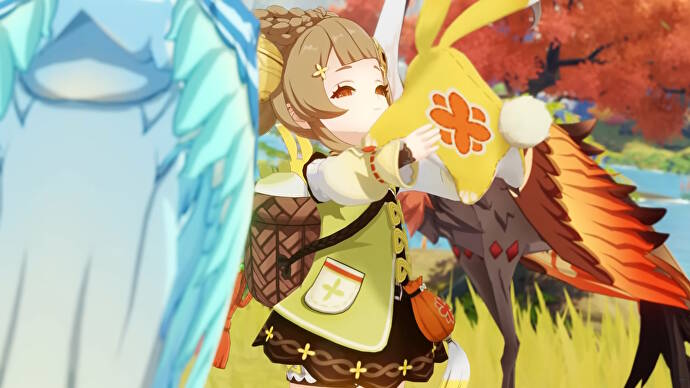 Genshin Impact Yaoyao Build: Ein Anime-Mädchen mit einer hellgrünen Weste und braunen Haaren in Zöpfen hält ein Plüschkaninchen, während es neben einem großen blauen Reiher steht