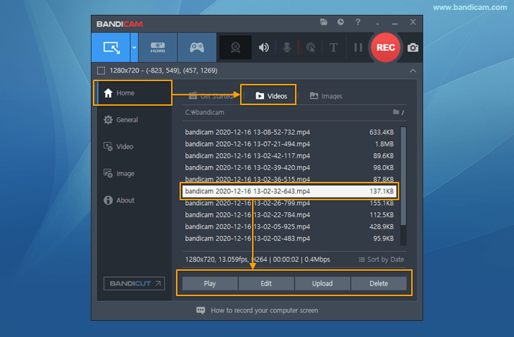 Bandicam, aufgenommene Videos