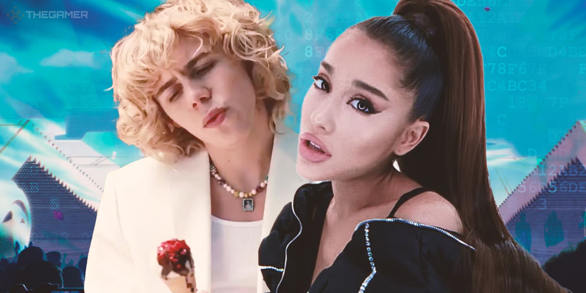 Kid LAROI and Ariana Grande with a Fortnite backgroud