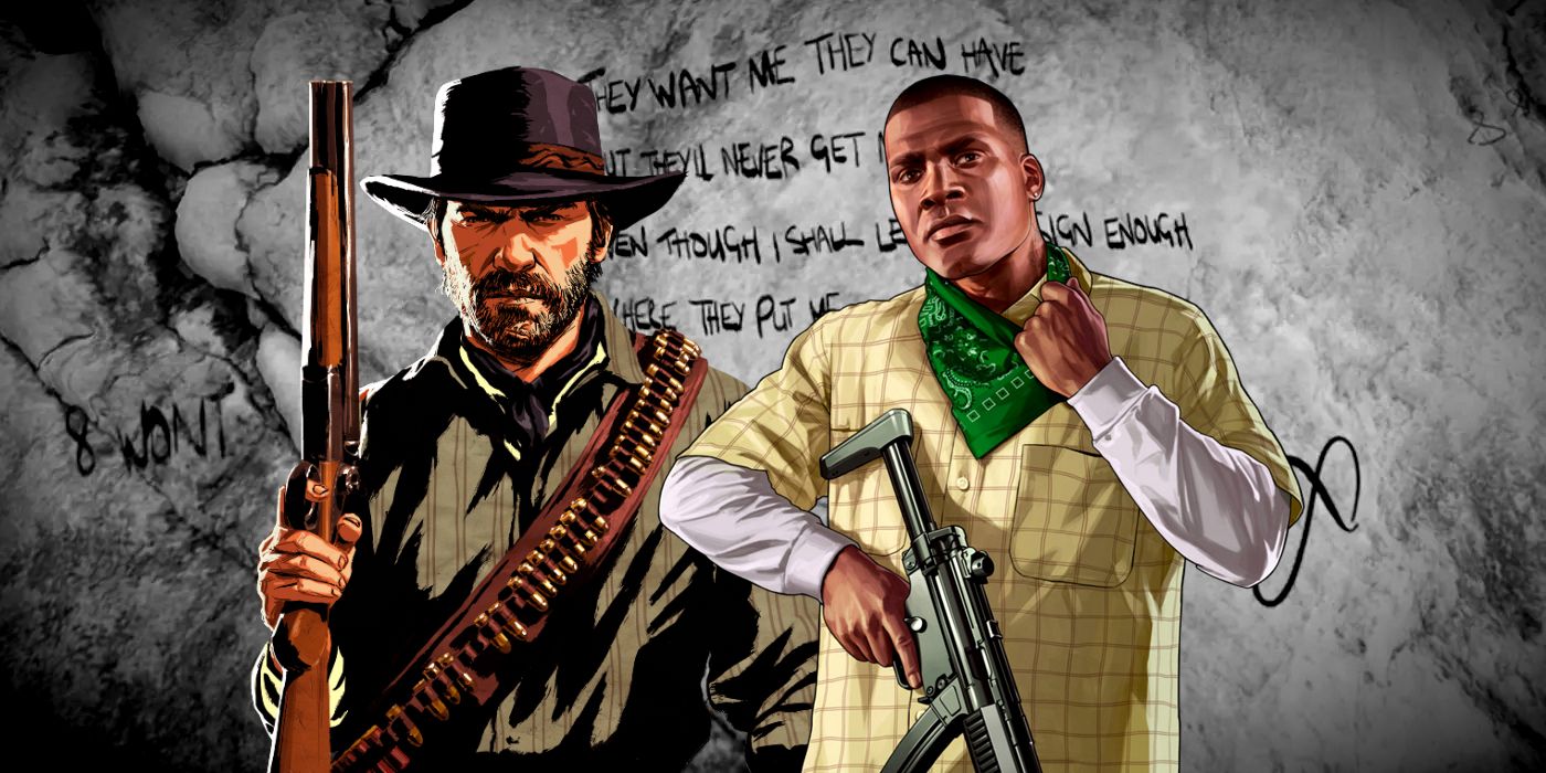 Kunstwerke von Arthur Morgan aus Red Dead Redemption 2 und Franklin Clinton aus Grand Theft Auto 5 überlagern einen Hinweis, den der Infinity Killer in der Spielwelt von GTA 5 hinterlassen hat.