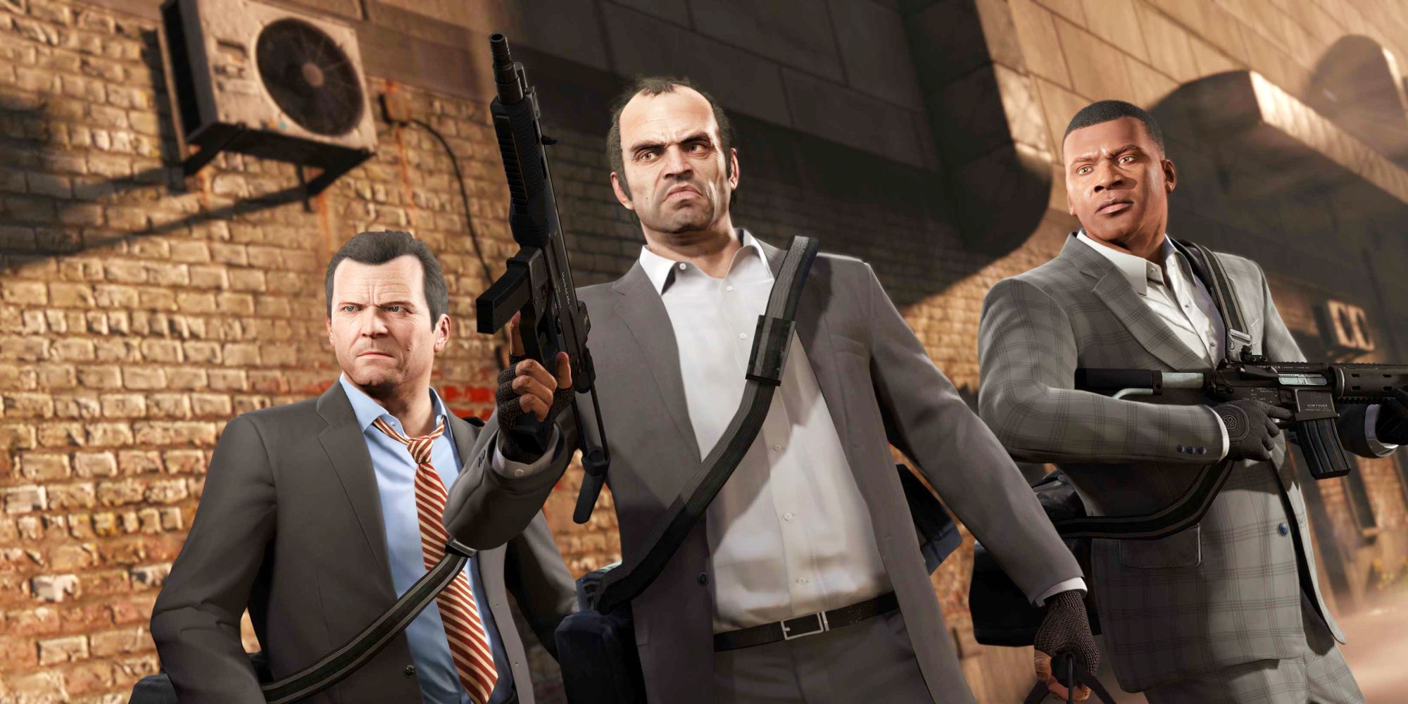 Die drei Protagonisten von Grand Theft Auto 5, Michael, Trevor und Franklin, halten Waffen