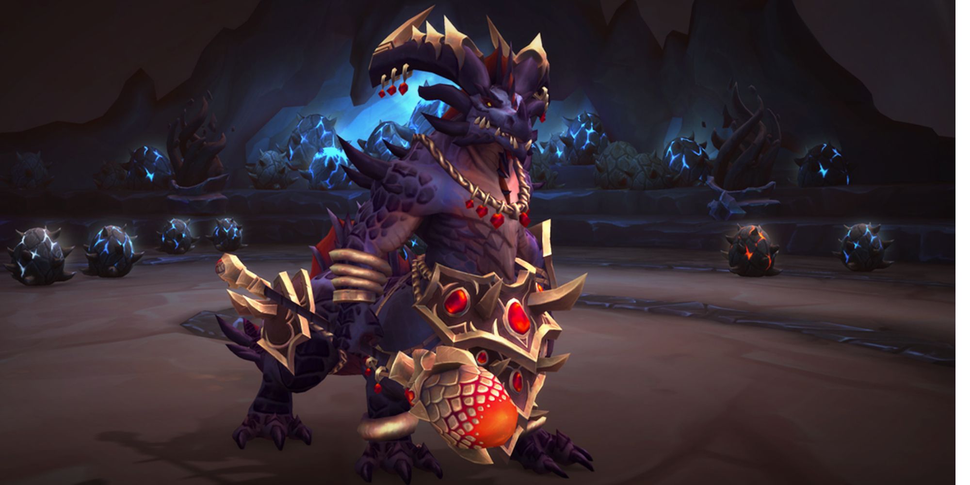 World of Warcraft: ein vierbeiniger Drache, der einen Stab schwingt und gleichzeitig seine Eier schützt