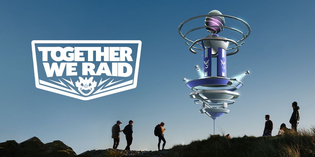 Leute, die mit dem Text um einen Pokemon Go Raid herumstehen 
