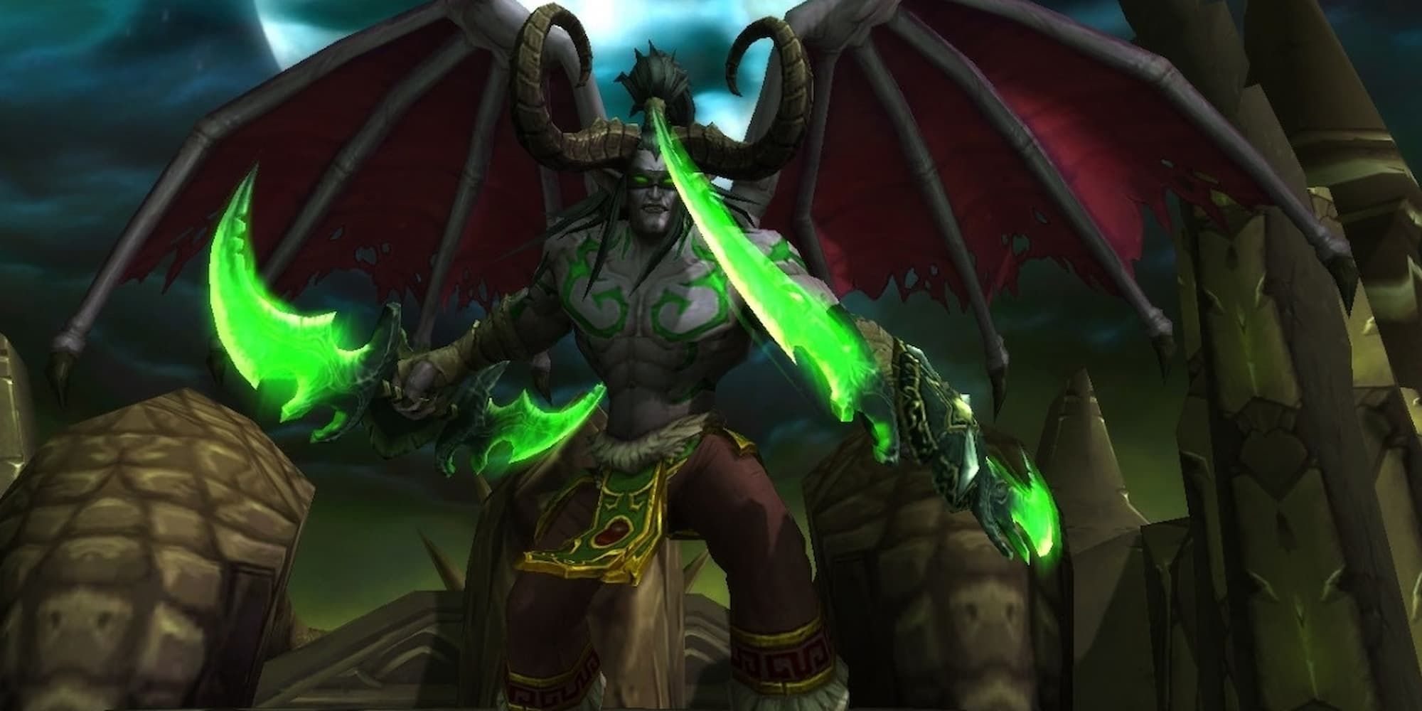 Illidan Sturmgrimm bereitet sich mit zwei grünen Doppelklingenschwertern in World of Warcraft auf den Kampf vor