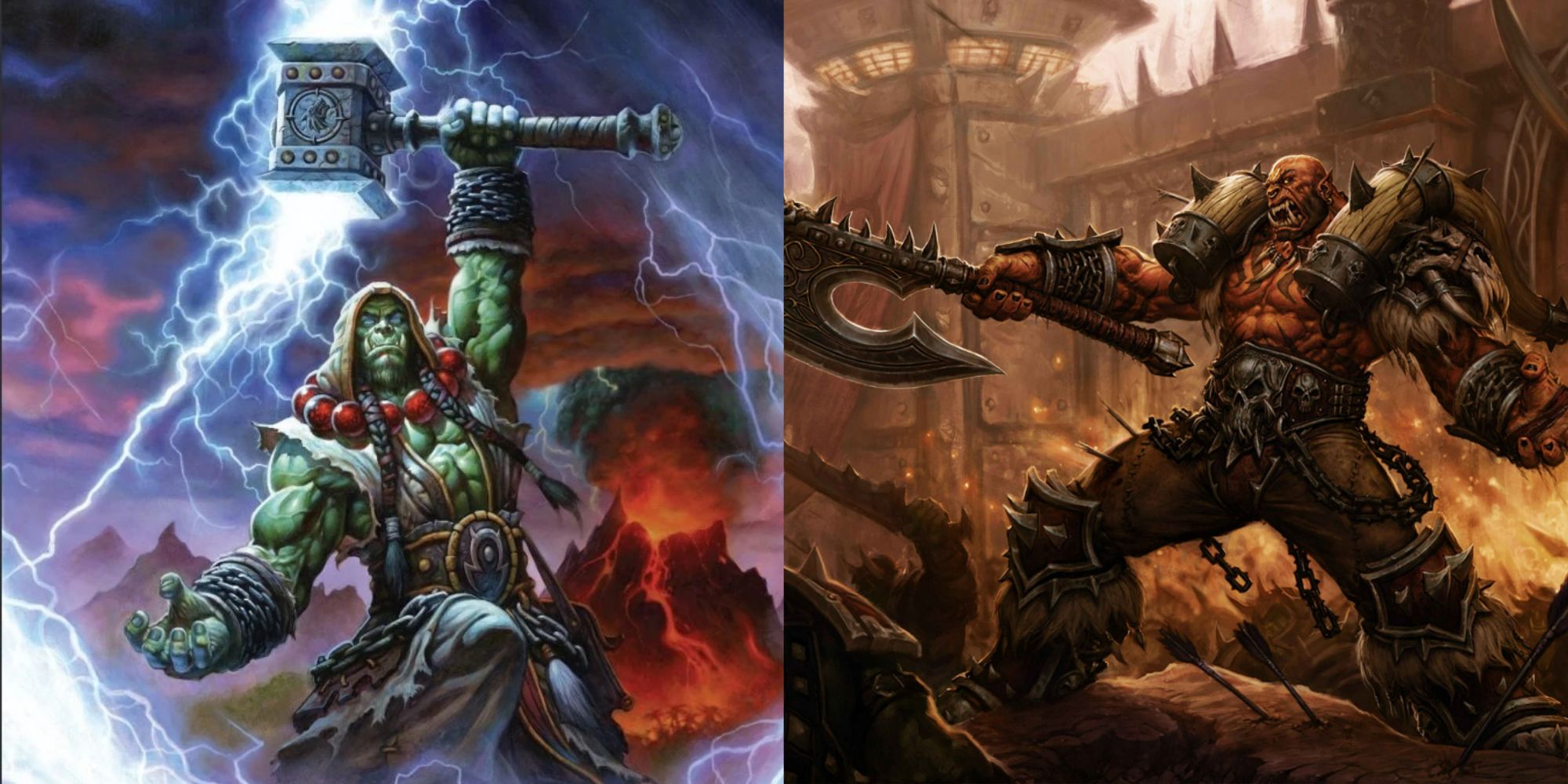 Ein geteiltes Bild von Kunstwerken mit Thrall und Garrosh Hellscream aus World of Warcraft