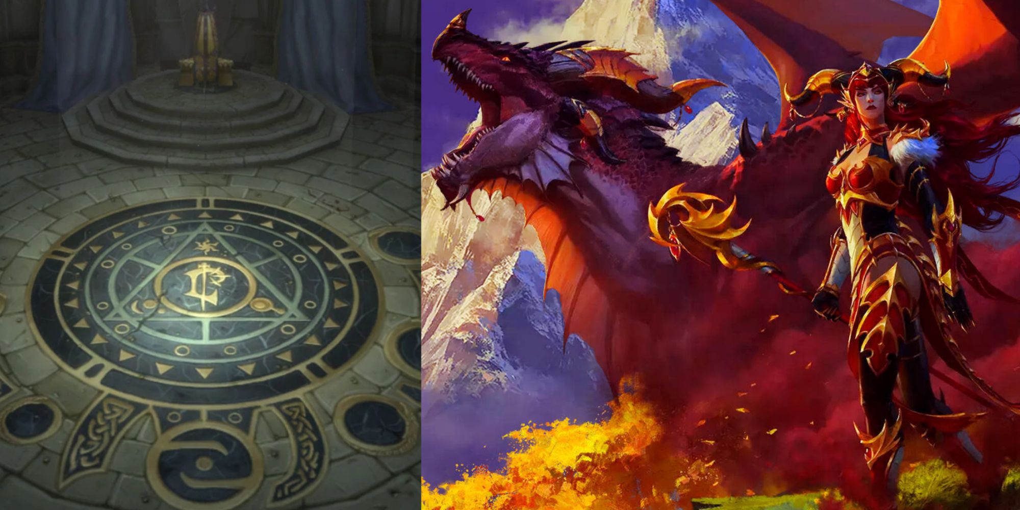 Split image showing Alexstrasza's humanoid and dragon forms, as well as the Lordaeron Throne Room