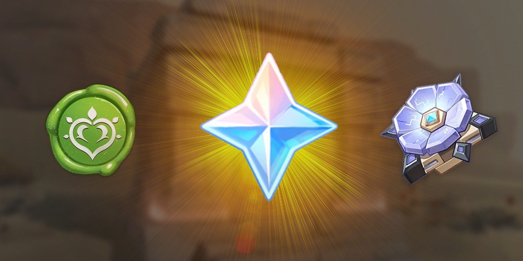 A Genshin Impact desert Domain blurred-out in the background while a Primogem floats in the middle with a yellow backlight. On its left is a Dendro Sigil and on its right is a Desert Pavilion Chronicle artifact.