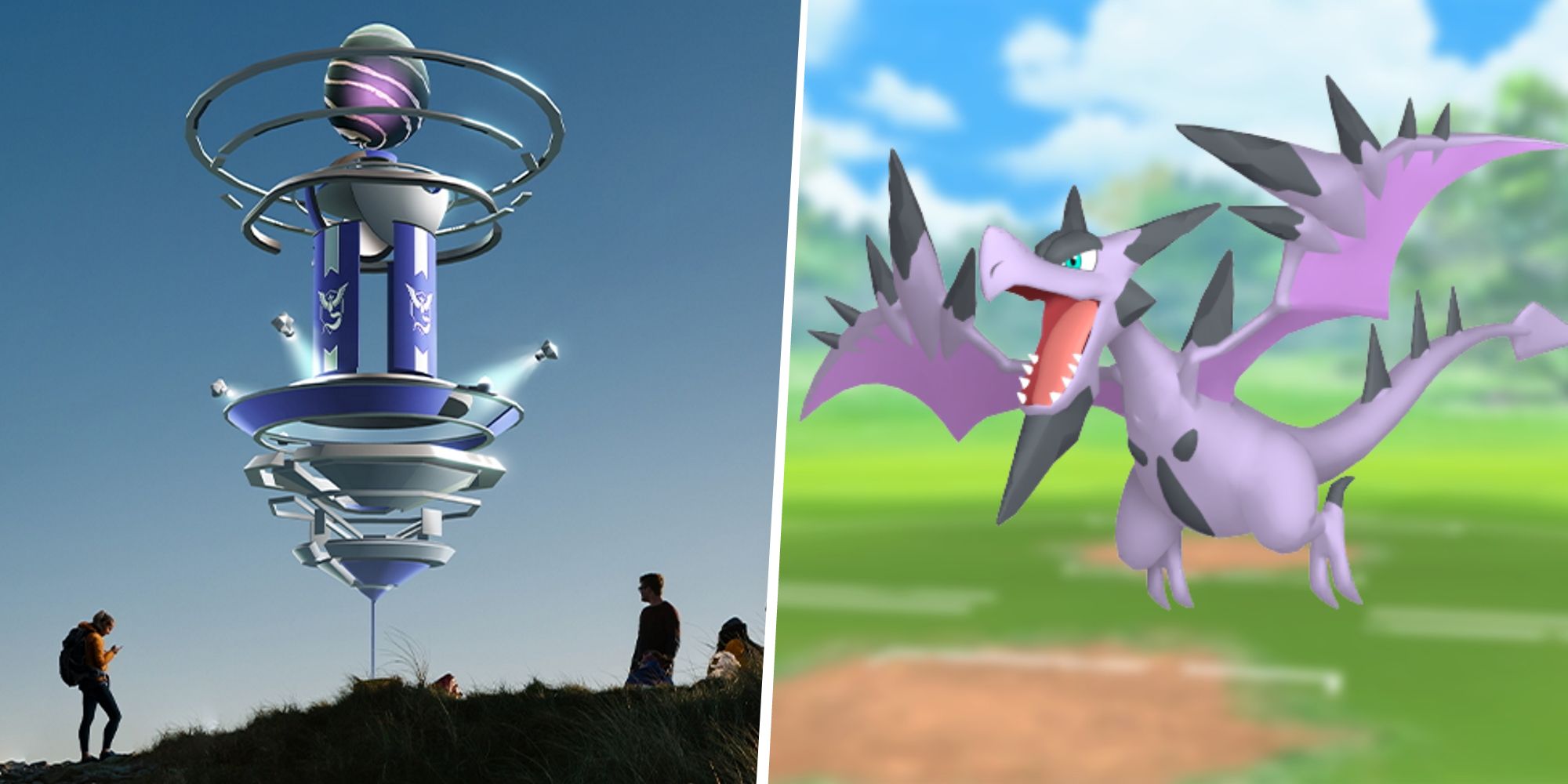Image of people standing around a Pokemon Go Raid split with an image of Mega Aerodactyl