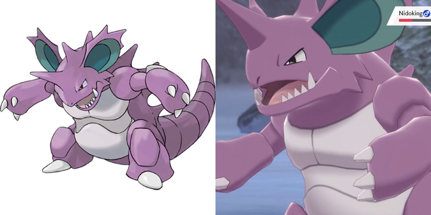Split-Bild von Nidokings offizieller Kunst und einer wilden in Pokémon Schwert und Schild