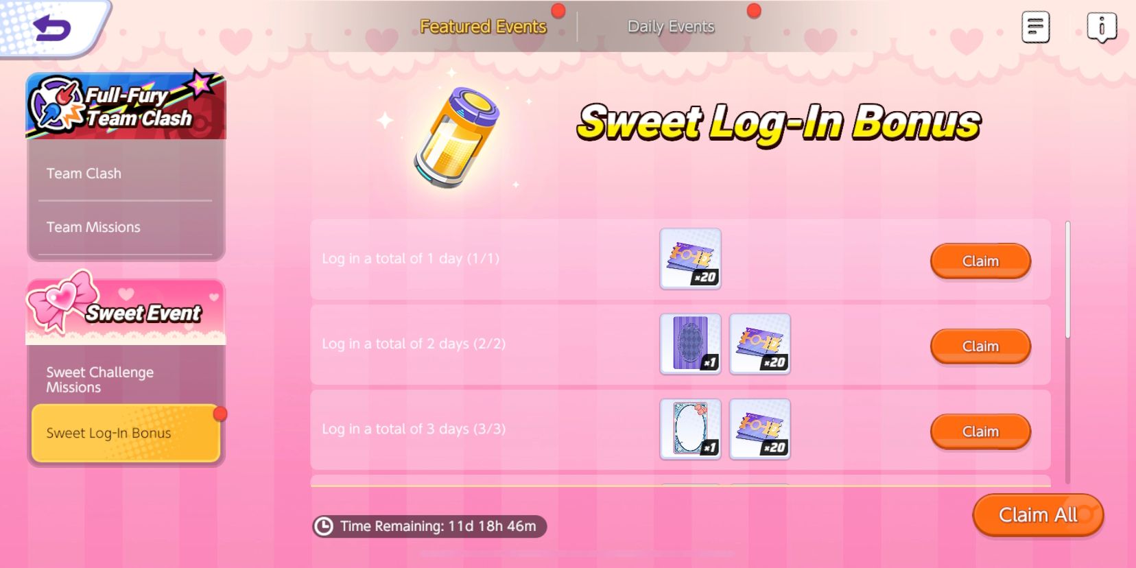 Pokemon Unite Sweet Event-Anmeldebonus-Bildschirm mit Event-Herausforderungen und -Belohnungen