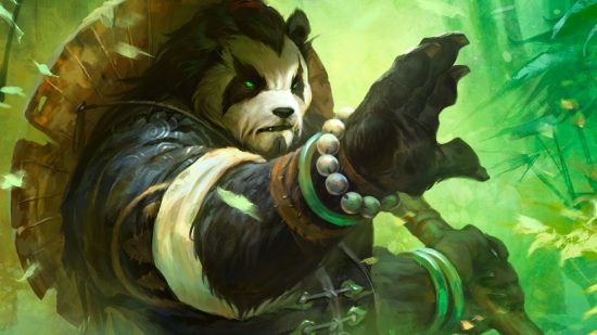 wow-dragonflight-tier-list-mönch World of Warcraft: Ein zum Kampf bereiter Pandaren-Mönch, seinen Strohhut auf dem Rücken festgebunden und einen Bambusstab in der Hand.
