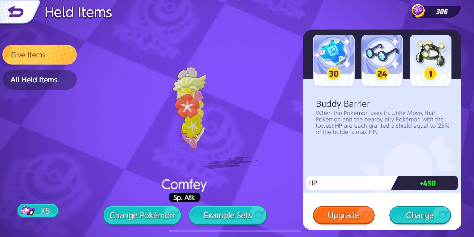 Comfeys Held Item-Auswahlbildschirm mit Buddy Barrier, Wise Glasses und Exp.  Teilen ausgewählt
