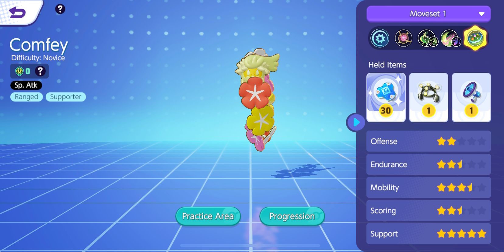 Comfey aus dem Pokemon Unite-Auswahlbildschirm, der alle seine In-Game-Statistiken anzeigt