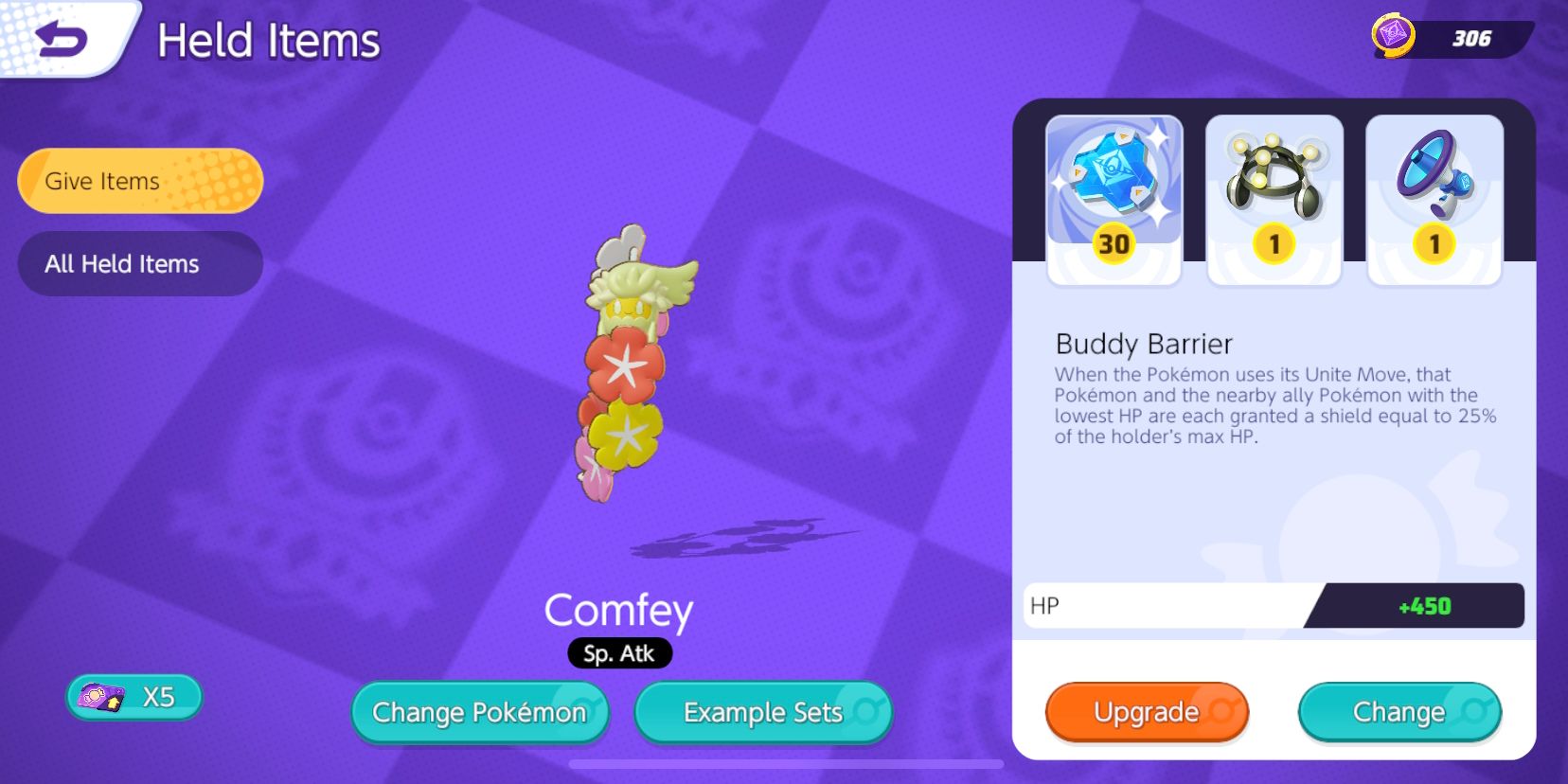 Auswahlbildschirm von Comfey's Held Item mit Buddy Barrier, Exp.  Share und Energy Amp ausgewählt