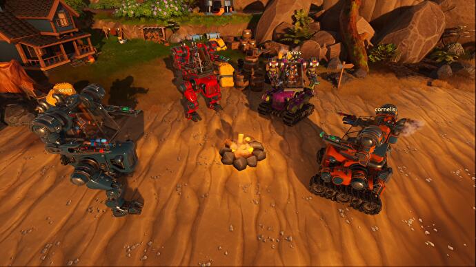 Lightyear Frontier Mechs für vier Spieler um ein Lagerfeuer
