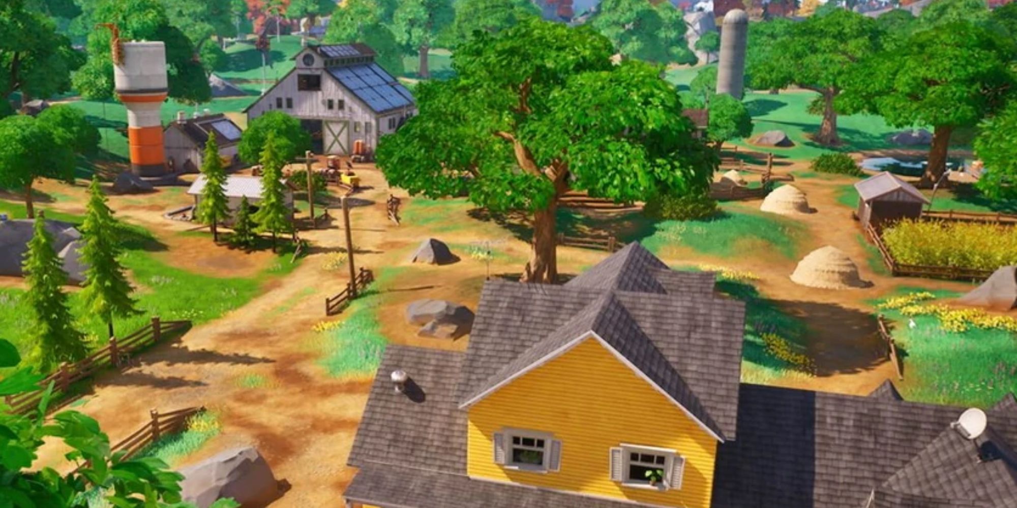 Eine malerische und farbenfrohe Scheune und ein Bauernhaus in Fortnite Kapitel 4 namens Frenzy Fields.