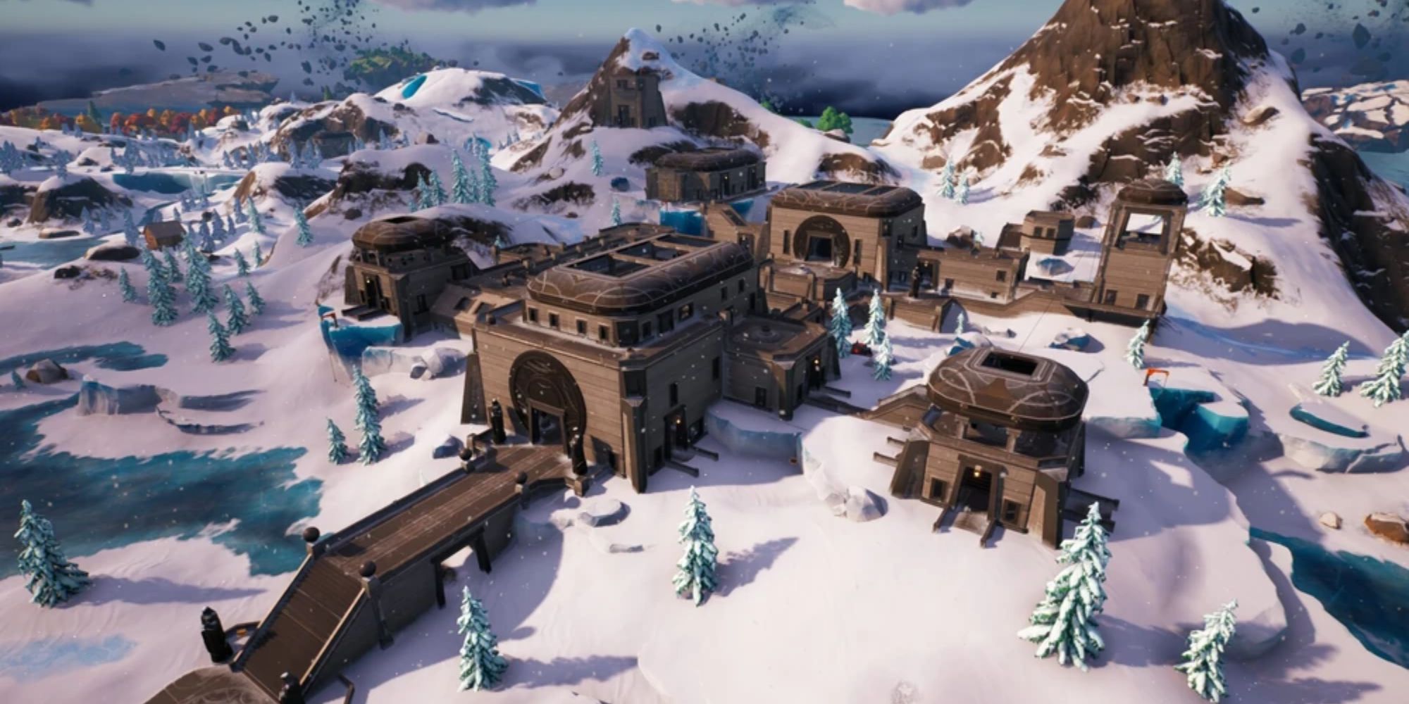 Eine verschneite Festung in Fortnite Kapitel 4 namens Brutal Bastion