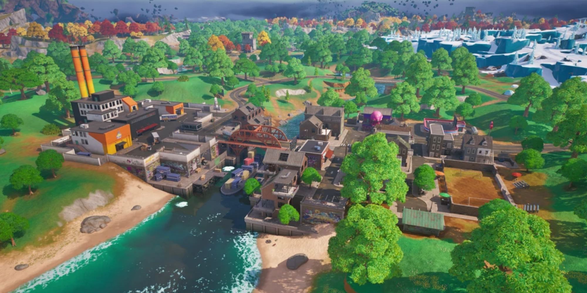 Eine moderne Stadt in Fortnite Kapitel 4 namens Slappy Shores.  Die Hälfte dieser Stadt besteht aus Wohngebieten und die andere Hälfte ist eine Industriefabrik, die Slap Juice herstellt.