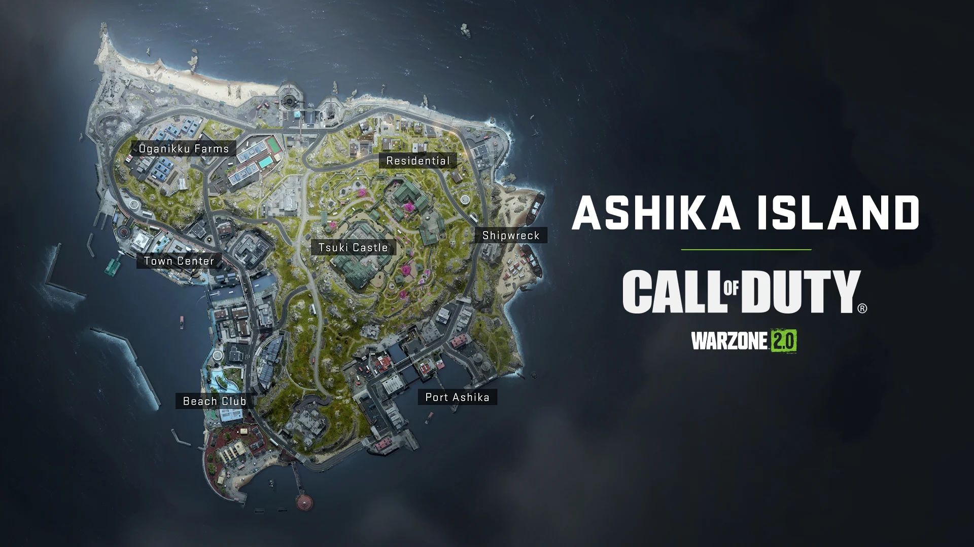 Warzone 2 Ashika Island Map mit benannten Landeplätzen 