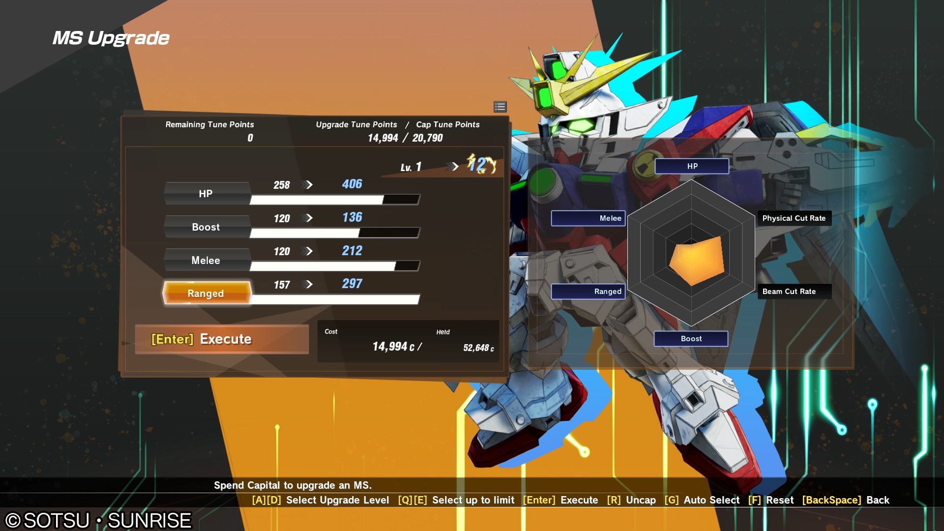 Screenshot des Upgrade-Bildschirms von SD Gundam Battle Alliance