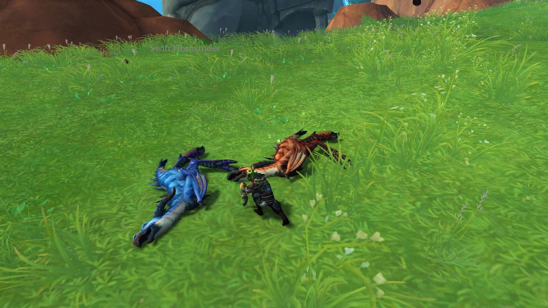 Ein Skinner, der dabei ist, Schuppen von Swift Hornstriders in World of Warcraft zu nehmen.