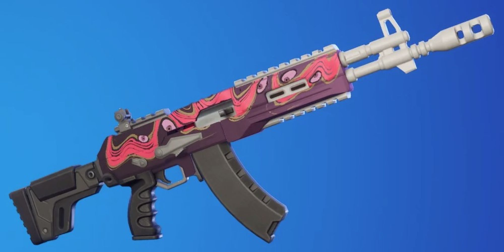 Eine Waffenverpackung in Fortnite namens Depth of Field.  Diese Folie verwandelt die Waffe in Schwarz, Pink und Weiß und hat bewegliche Augäpfel, die sich umsehen und blinzeln