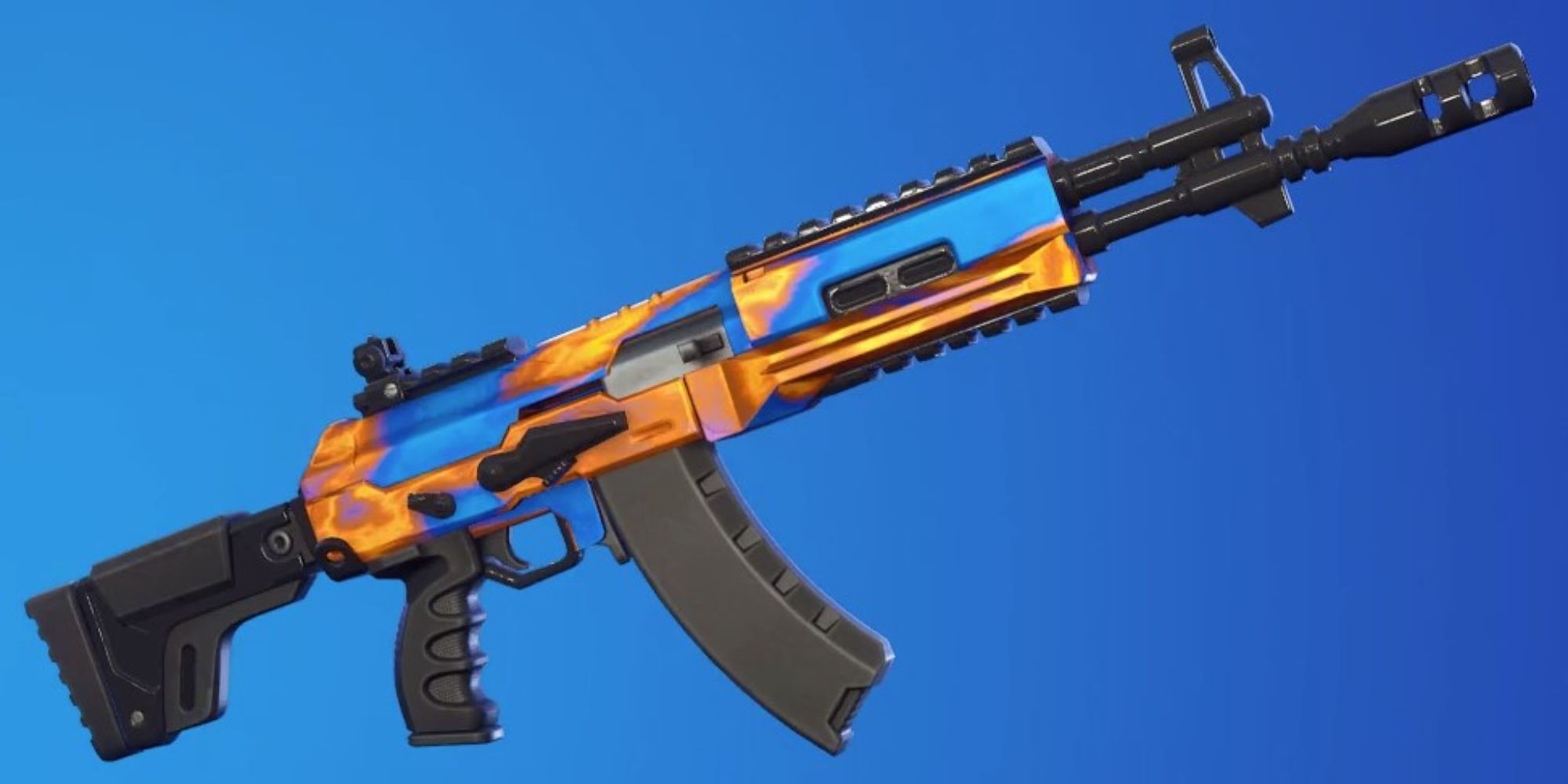 Eine Waffenverpackung in Fortnite namens Gänsehaut.  Diese Folie färbt Ihre Waffe blau und orange und hat Animationen
