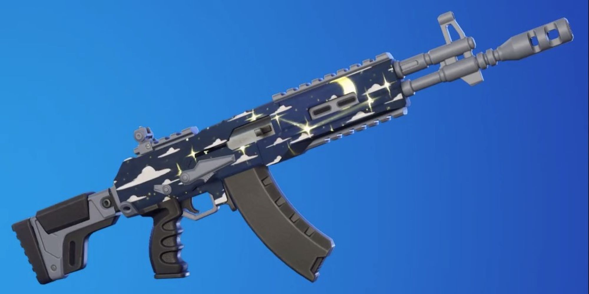 Eine Waffenverpackung in Fortnite namens Stargazer.  Diese Folie zeigt einen animierten Nachthimmel auf Ihrer Waffe mit Wolken, dem Mond und Sternschnuppen. 