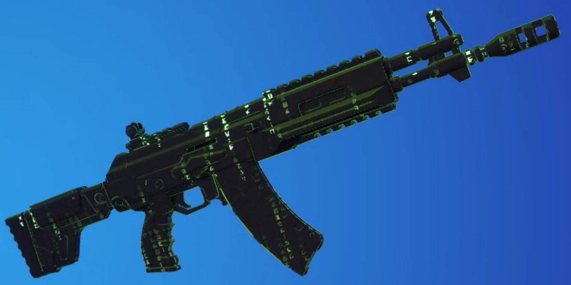 Eine Waffenverpackung in Fortnite namens Ones and Zeros.  Diese Folie ist von der Matrix inspiriert und enthält den ikonischen schwarz-grünen animierten Code