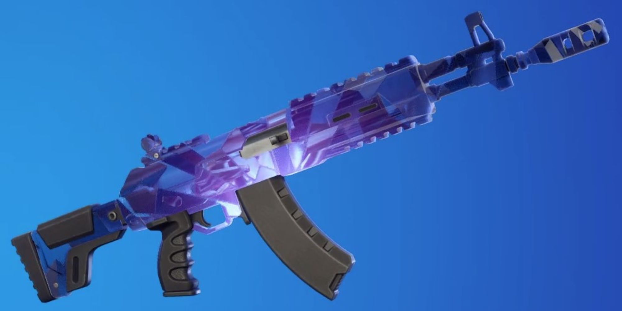 Eine Waffenverpackung in Fortnite namens Eternal Zero.  Diese animierte Folie zeigt ein lila schwarzes Loch aus Kristallen
