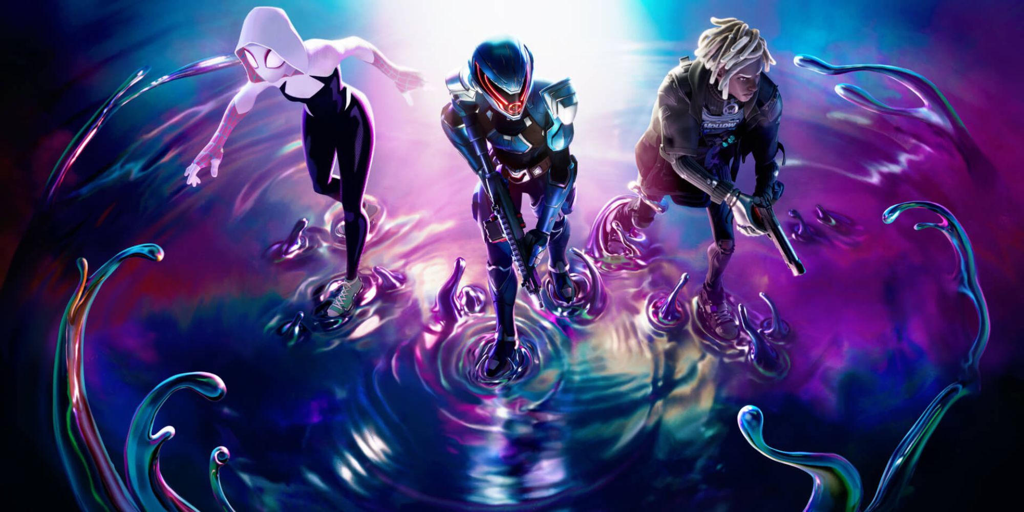 Spider-Gwen geht neben zwei anderen Fortnite-Charakteren über einen plätschernden Teich