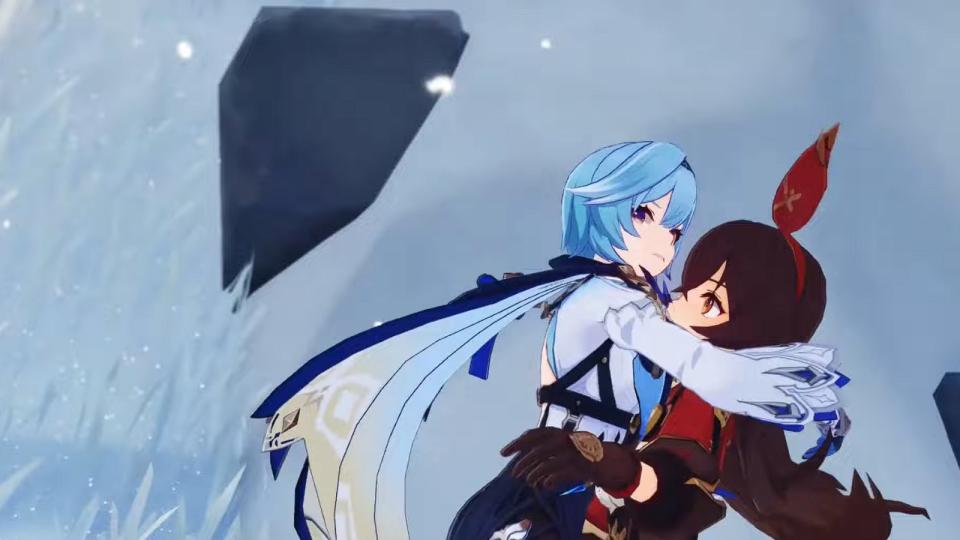Eula rettet Amber vor einer Lawine während der 'Shadows Amidst Snowstorms' Fall. (Screenshot mit freundlicher Genehmigung von HoYoverse)