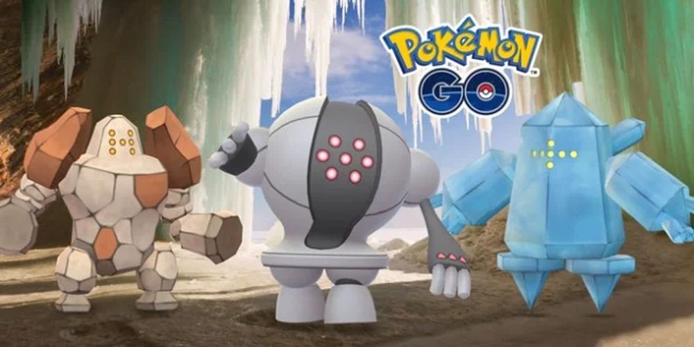 Regirock, Registeel und Regice in einer Höhle mit dem Pokemon Go-Logo über ihnen