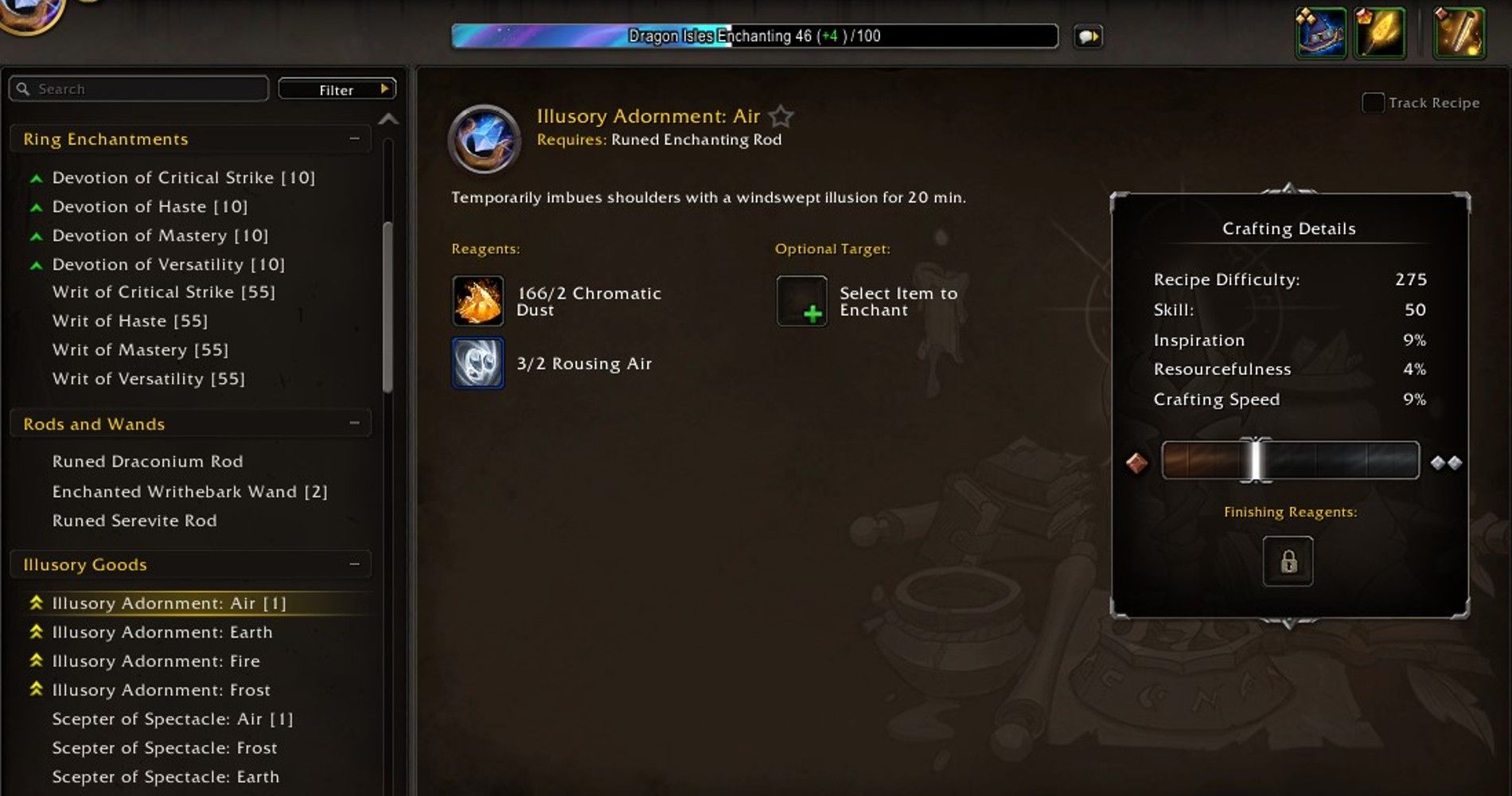 Der Herstellungsbildschirm für Illusory Adornment: Air auf Level 46 in World of Warcraft.
