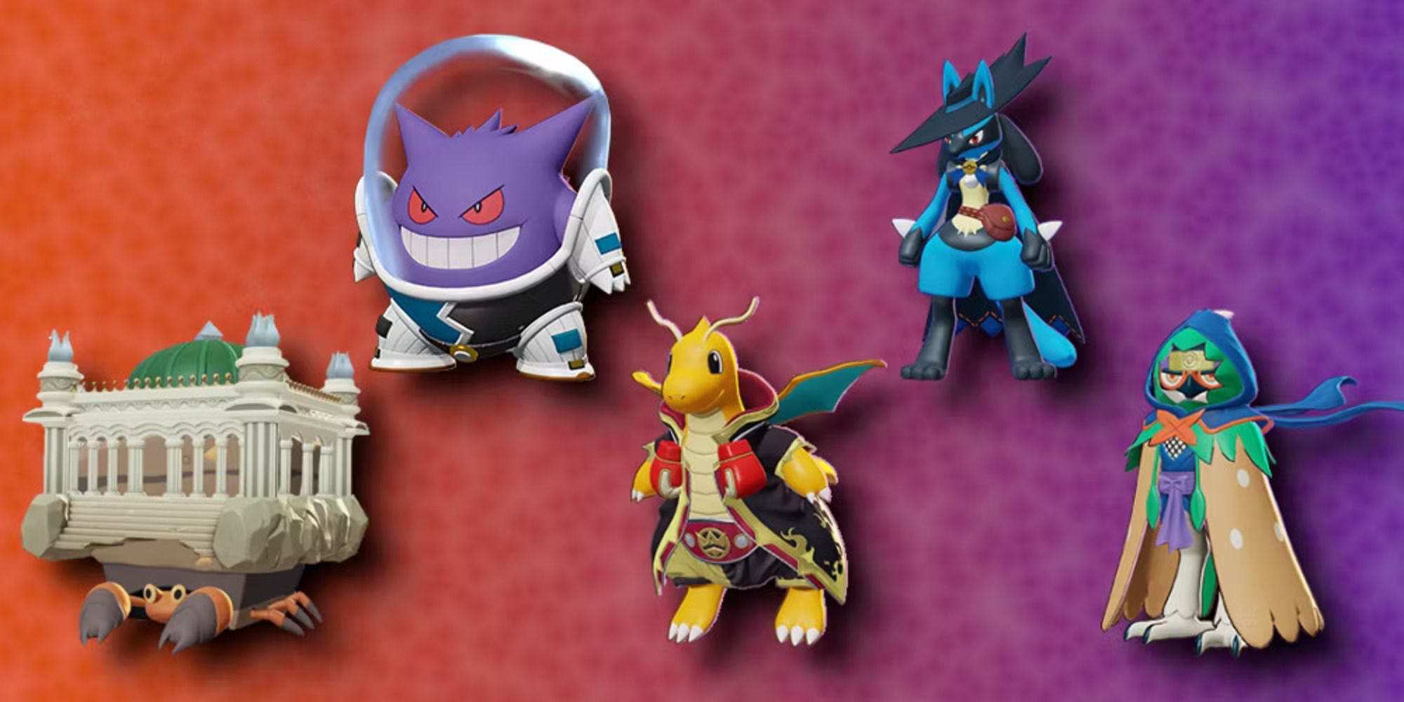 Crustle, Gengar, Dragonite, Lucario und Decidueye stehen entspannt da und stellen ihre speziellen Holowear-Skins zur Schau.
