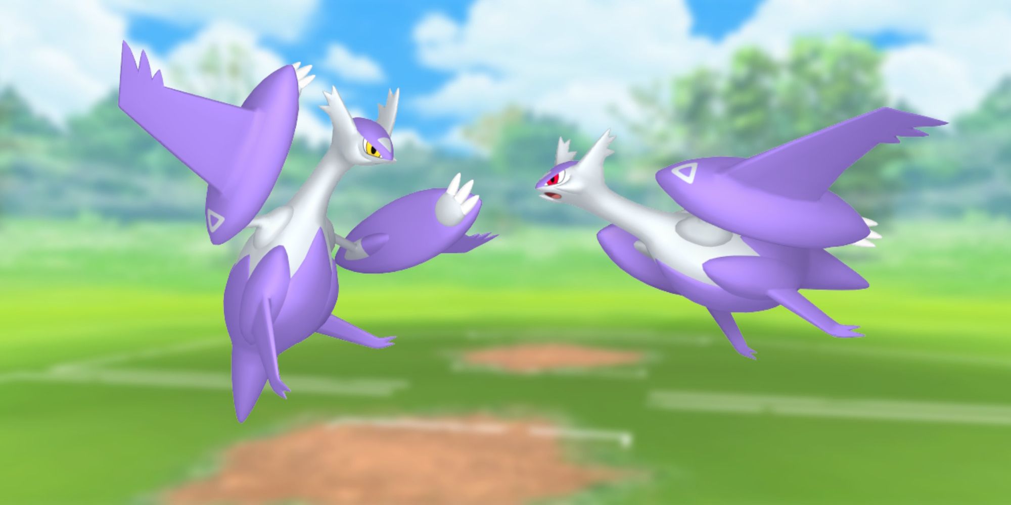 Mega Latios und Mega Latias von Pokemon, mit dem Pokemon Go-Schlachtfeld als Hintergrund