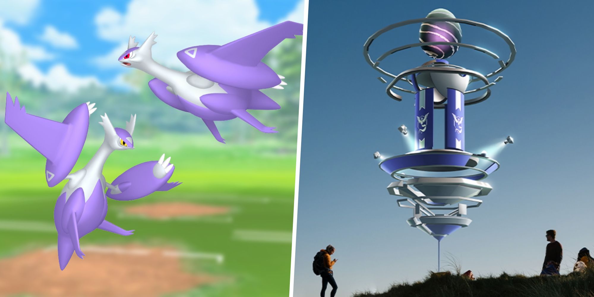 Mega Latias and Mega Latios from Pokemon split with an image of people around a Pokemon Go Raid