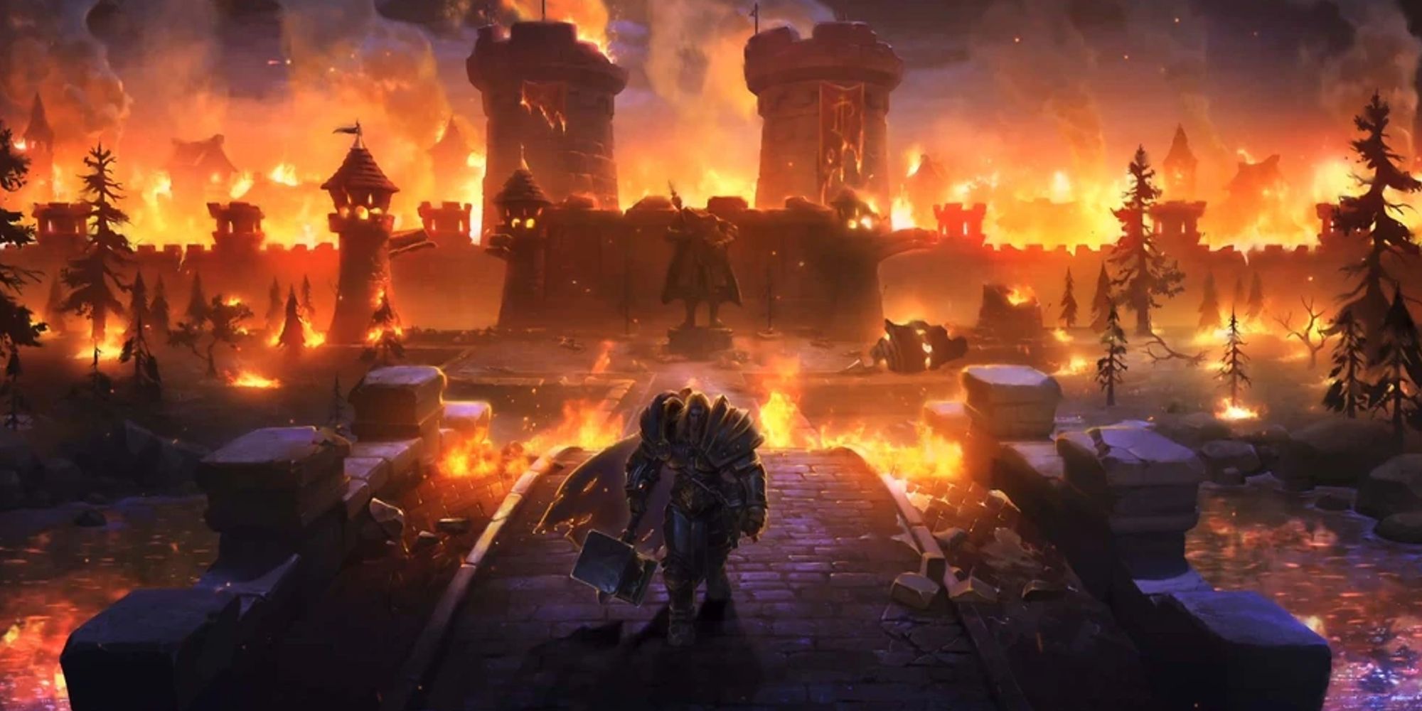 Arthas entfernt sich nach der Säuberung von Statholme, während das Königreich in World of Warcraft brennt