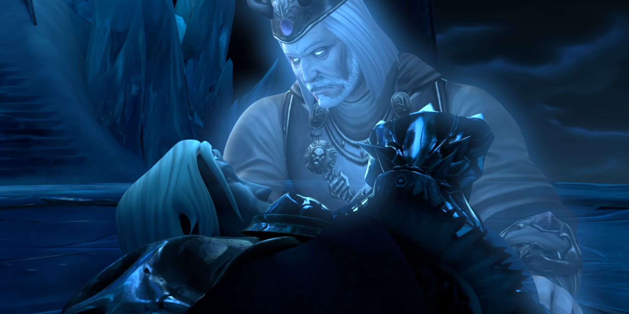 Arthas wird von seinem Vater König Terenas Menethil getröstet, als er in World of Warcraft stirbt