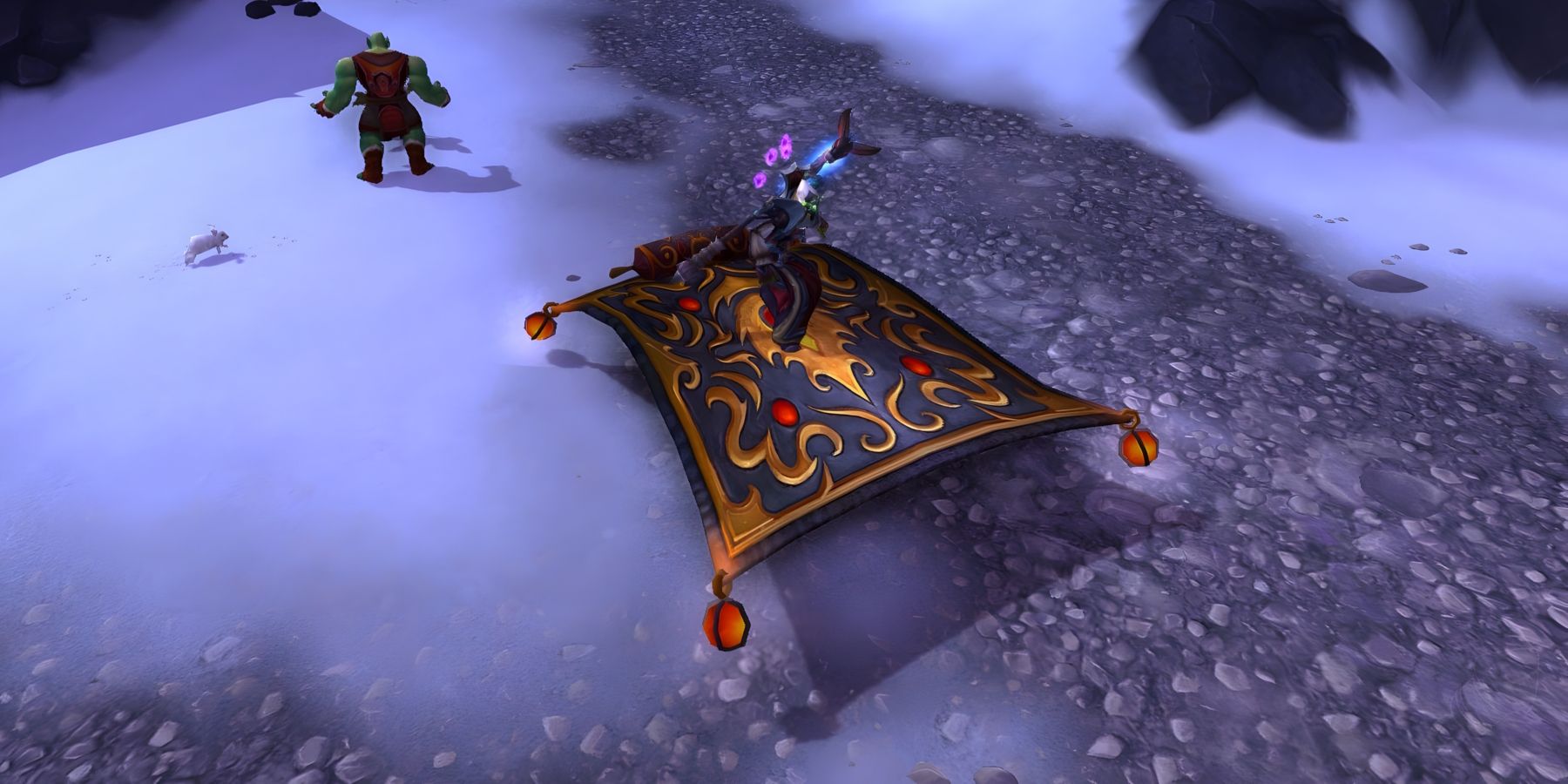 Screenshot of a player riding a Creeping Carpet in World of Warcraft